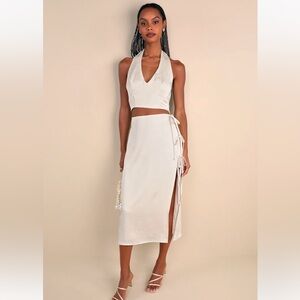 Lulus Marvelously Sleek Champagne Satin Crinkled SideTie Midi Skirt & Halter Top